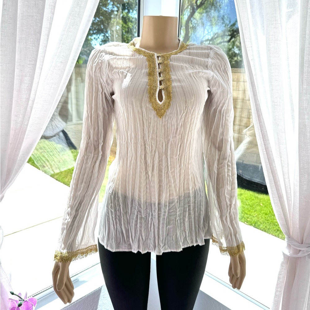 Cache White Tunic Size S Long Sleeve Gold Trim Crinkle Sheer Metallic Stripes